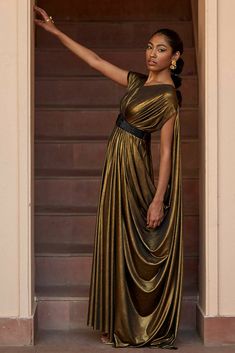 Gold Drape Gown & Detachable Hand Embroidered Belt | NOT JUST A LABEL Modern Greek Goddess Outfits, Greek Goddess Outfit, Drape Gown, Gold Drapes, Goddess Outfit, Gold Gown, Embroidered Belt, Elastic Belt, 1920s Fashion