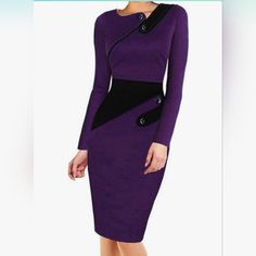 Brand New Never Worn Pencil Dress Formal Purple Dress With Buttons, Purple Long Sleeve Bodycon Dress For Fall, Fall Purple Bodycon Dress For Night Out, Purple Bodycon Dress For Fall Night Out, Purple Bodycon Dress For Night Out In Fall, Purple Long Sleeve Office Dress, Purple Fall Workwear Dresses, Purple Dresses For Workwear In Fall, Elegant Purple Bodycon Dress For Fall