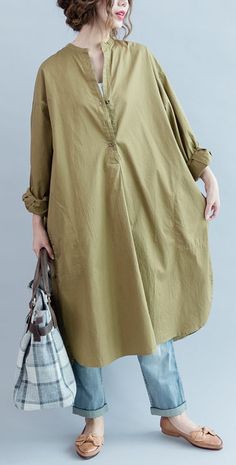 100% khaki cotton clothes Women side open loose fall Dress Long Linen Dresses, Work Outfits Frauen, Cotton Caftan, Maxi Dresses Fall, Cotton Clothes, Cotton Linen Dresses, Round Neck Shirt, Fall Dress, Fall Clothes