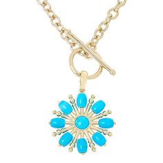 Connie Craig Carroll Jewelry Delaney Gem Flower Pendant with Necklace Put a little bloom into wilting wallflower looks! Freshen up those fashions with this bright, blue magnesite flower design featuring a bold pendant and chunky toggle necklace.       Pendant approx. 1-7/8"L x 1-7/16"W     Necklace approx. 36"L x 1/4"W     Goldtone; polished finish      Pendant: enhancer bail     Necklace: cable links with toggle clasp    Stone Information       All sizes and weights approximate     Stabilized, Trendy Blue Flower Shaped Jewelry, W Necklace, Toggle Necklace, Color Bands, Jewelry Show, Toggle Clasp, Flower Pendant, Bright Blue, Necklace Pendant