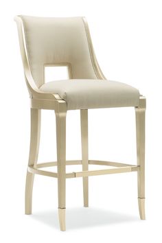 an upholstered bar stool with arms and backrests in cream colored fabric