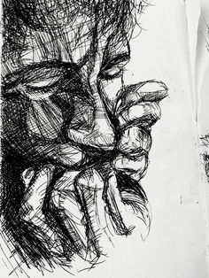 a black and white drawing of a man's face with his hand on his chin