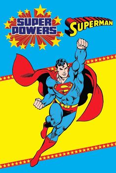 the cover to superman's super powers comic book, featuring a man flying through the air