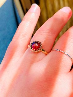 Round, 8mm, rose cut, 2-carats, natural, Mozambique, Red Garnet ring, set in crown bezel 14K yellow gold filled. Ring size: 7. Red Rose Cut Diamond Birthstone Ring, Elegant Faceted Round Ruby Ring, Elegant Faceted Ruby Ring, Red Rose Cut Diamond Rings For Proposal, Elegant Red Faceted Ring, Gold Faceted Ruby Ring, Faceted Ruby Ring For Anniversary, Faceted Round Ruby Ring, Faceted Ruby Ring For Wedding