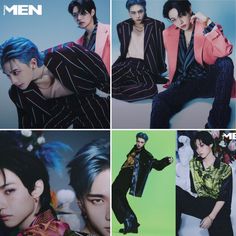 four pictures of men with different hair colors and hairstyles, one is wearing a suit