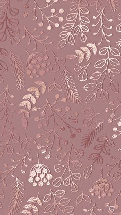 a pink and gold wallpaper with leaves, berries, and flowers on the side