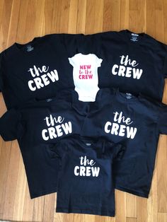 "\"The Crew\" Matching Family Shirts are perfect for welcoming the newest addition to your family. They make a great baby shower or baby sprinkle gift. Can be used for baby announcements and gender reveals! Can be made in any size and color. They are fully customizable so if you would like to alter the phrases or add something else, just ask! Include preferences in \"Message to Seller\" section when placing order. *Please message me for shipping adjustment if Etsy charges you shipping for EACH s Family Baby Shower Shirts, Matching Short Sleeve T-shirt For Family Events, Family Matching Short Sleeve Tops For Family Events, Black Cotton Tops For Family Events, Family Matching Cotton T-shirts For Family Events, Customizable Fun Tops For Family, Family Matching Cotton Shirt For Family Events, Funny Customizable Tops For Family, Matching Crew Neck Tops For Family Events