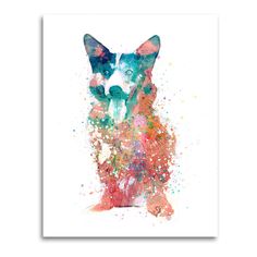 a dog with colorful paint splattered on it's face and head, sitting in