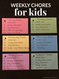 a poster with the words weekly chores for kids written in different colors and sizes on it