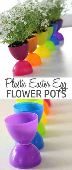 plastic easter egg flower pots with flowers in them