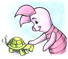 a drawing of a baby turtle being petted by an adult turtle with pink hair