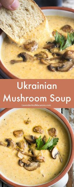 a bowl of mushroom soup with bread in it and the title overlay reads, ukraine mushroom soup