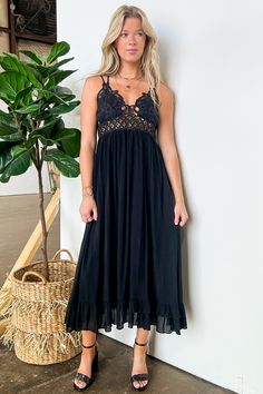 S / Black Aurelle Floral Crochet Lace Maxi Dress - FINAL SALE - Madison and Mallory Backless Sundress With Lace Trim, Flowy Lace Dresses With Lace Back, Summer Lace Back Dress, Summer Backless Lace Dress With Lace Back, Chic Beach Dress With Lace Bodice, Backless Lace Dress With Lace Back For Summer, Spring Beach Dress With Lace Bodice, Backless Dresses With Lace Trim For Vacation, Lace Bodice Dress For Date Night In Summer