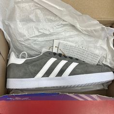 Men’s Size 6 Women’s 8 Grey Suede Gazelle. Brand New Never Worn. Ordered From The Uk Because They Were Sold Out But Didn’t Fit So Not Worth The Return To England. Please Take! The Shoe Of The Season! Grey Gazelle, Adidas Gazelle Grey, Grey Sneakers Women, Adidas Grey, Collage Wall, Grey Sneakers, Shoes Adidas, Grey Suede, Grey Adidas