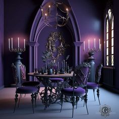 a dining room with purple walls and chairs around a table that has candles on it