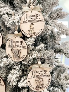 three wooden ornaments hanging from the top of a christmas tree with names and dates on them