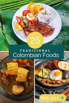 the collage shows different types of food on plates and in bowls, with text overlay that reads 25 traditional colombian foods