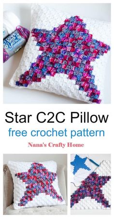 a crocheted pillow with stars on it and the text star c2c pillow free crochet pattern