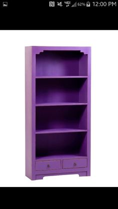 a purple book shelf with two drawers