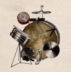 a drawing of a drum set with cymbals and drumsticks on it