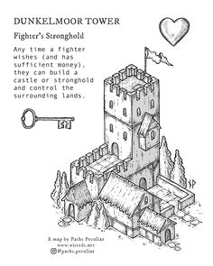 a drawing of a castle with a key to it and the words dunkelmoor tower