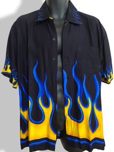 Fitted Blue Hawaiian Shirt For Summer, Fitted Blue Camp Shirt For Beach, Blue Fitted Camp Shirt For Beach, Fitted Black Camp Shirt For Summer, Blue Camp Shirt For Summer Streetwear, Blue Yellow Dress, Yellow Dress Shirt, Rave Y2k, Blue And Yellow Dress