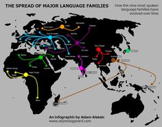 the spread of major language families around the world is shown in black and white with colorful lines