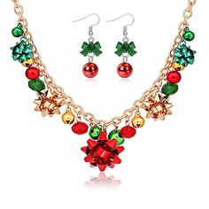 PRICES MAY VARY. CHRISTMAS NECKALCE EARRINGS FOR WOEMN: You will receive a gift bow pendant necklace and a pair of jingle bell earrings. This Christmas necklace earring set incorporates the classic red, green and gold color scheme and the Christmas jingle bells and gift bow elements, so you can better get into the Christmas holiday spirit. XMAS NECKLACE EARRINGS: Shiny and exquisite Christmas necklace earrings set is the most dazzling presence this Christmas. Wearing this Christmas jewelry set, Jingle Bell Necklace, Christmas Jingle Bells, Bell Necklace, Christmas Necklace, Presents For Women, Light Earrings, Women's Jewelry Sets, Gift Bows, Holiday Earring