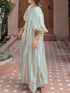 Light blue and beige striped maxi dress - Wapas Mid Sized Fashion, Christmas Light Ornament, Balloon Sleeve Dress, Lantern Sleeve Dress, Dress Stand, Exclusive Dress, Long Dress Casual, Striped Maxi, Striped Maxi Dresses