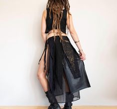 Long black and gold split skirt with tie closure. It is decorated with fabric braids and lace. Free size Measurements: Front length: 74 cm / 29" Black length: 87 cm / 34.2" Hips should not be smaller than 78 cm / 30.7"   ⚛View all skirts from my shop⚛ https://www.etsy.com/shop/inespu?section_id=33224303 - - - - - - - - - - - - - - - - - - - - - - - - - - - - - - - - - - - - - - - - - - - -    Thank you so much for visiting! 💚 You are welcome to check out other items in my shop  https://www.etsy Fabric Braids, Metal Skirt, Elven Forest, Forest Festival, Festival Belt, Belt Skirt, Fashion Grunge, Dance Pants, Festival Clothing