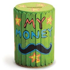 a green wooden box with the words my money painted on it and a mustache in the middle