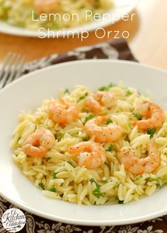 lemon pepper shrimp orzo on a white plate