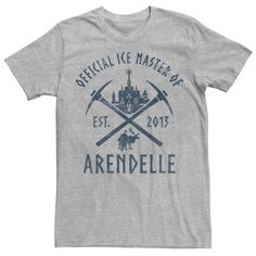 a gray t - shirt with an image of a castle and two crossed swords on it