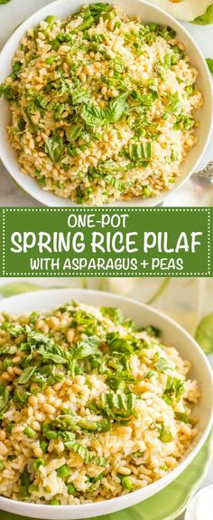 rice with asparagus and peas in a white bowl on a green place mat