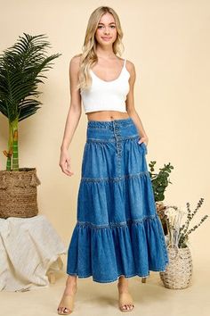 THIS ITEM IS FINAL SALE 32"Slay your style game with the Shelby May 3 Button Tiered Denim Maxi Skirt! This maxi skirt features pleats for a flowy fit and side pockets for storing all your goodies. And with its exposed button closures, you'll be looking fabulously fierce in no time. Take on the world in this skirt - it's 100% cotton cuteness Measurement Guide Small-Width 28" Length 37" Medium- Width 30" Length 37" Large- Width 32" Length 37" Paper Lace, Denim Maxi, Denim Maxi Skirt, Kimono Jacket, Overall Dress, No Time, Jacket Tops, Maxi Skirt, Skirt