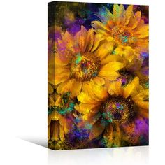 an abstract painting of sunflowers on a dresser