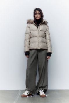 REMOVABLE HOOD WATER AND WIND PROTECTION PUFFER JACKET - Mink | ZARA United States Winter Wide Leg Bottoms With Hip Pockets, Wide Leg Bottoms With Hip Pockets For Winter, Winter High-waisted Bottoms With Pockets, Winter Workwear Bottoms With Zipper Closure, High Waist Winter Pants With Pockets, Winter Cargo Pocket Straight Pants, Winter Straight Pants With Cargo Pockets, Winter Trousers With Pockets, Winter Bottoms With Belt Loops And Straight Leg