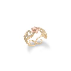 Adorned with tropical flowers, ferns, leaves and intricate scrollwork, our unique Hawaiian Heirloom designs are cherished Island keepsakes with tradition that traces back to Hawai‘i’s Queen Lili'uokalani. Hawaiian Heirloom Plumeria Design Ring 14k Yellow Gold and 14k Rose Gold 8mm Natural Diamond: 0.408 CTW Additional sizes available for special order, contact us Exclusively Made in Hawaiʻi Forever Guarantee (Warranty on the life of the piece) Free Shipping on USA Orders $100 or more Hawaiian Wedding Ring, Hibiscus Ring, Hawaiian Earrings, Tattoo Rings, Plumeria Design, Hawaiian Wedding Rings, Plumeria Tattoo, Flower Wedding Ring, Heirloom Rings