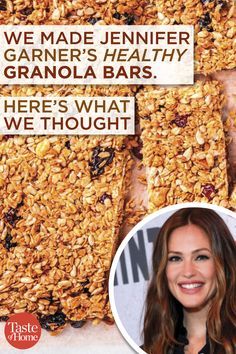 a woman smiling next to granola bars with the words we made jennifer garrer's healthy granola bars here's what we thought