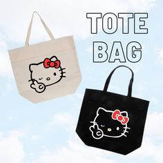 two bags with hello kitty on them and the words tote bag written in white