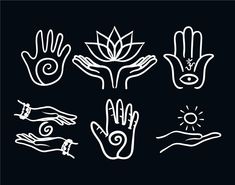 hand drawn symbols on black paper with white outlines, including two hands holding flowers and one