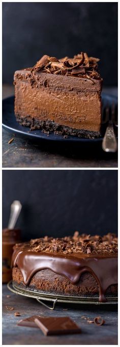 two pictures of a chocolate cake on a plate