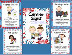 the center signs for reading centers with pictures of children and their teacher's name