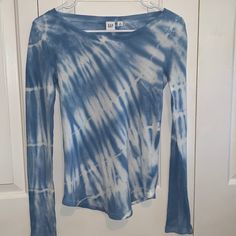 Never Worn With Tags Gap Blue Tie-Dye Waffle Shirt Size Xs Gap Light Blue Cotton Tops, Gap Blue Long Sleeve Tops, Gap Long Sleeve Blue Tops, Trendy Blue Gap Tops, Gap Blue Tops For Spring, Fitted Blue Gap Tops, Long Sleeve Workout Shirt, Waffle Shirt, Long Sleeve Workout