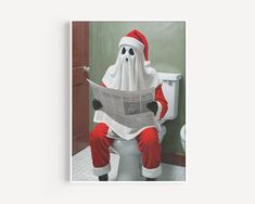 a toilet with a ghost sitting on top of it reading a newspaper while wearing a santa claus costume