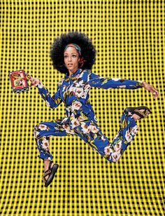 Maximalism for Spring 2016. Yaya DaCosta - Dolce & Gabbana top, pants, and bag. Sonia Rykiel scarf. Oscar de la Renta earrings. Burberry shoes. Magazine Lookbook, Mellow Yellow