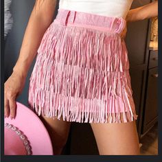 Bought From Blushing Brunette Boutique. New With Tags, Never Taken Out Of Packaging. Glitter Skirt Cowgirl, Pink Fringe Mini Skirt, Sparkly Pink Fringe Skirt, Pink Fringe Skirt For Summer, Summer Pink Fringe Skirt, Pink Fringe Bottoms For Summer, Summer Pink Bottoms With Fringe, Summer Pink Fringe Bottoms, Sparkly Skirt