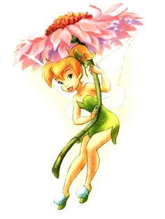 the tinkerbell fairy is holding a large pink flower in her hand and looking down