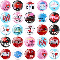 many different types of buttons with words and symbols on them, all in various colors