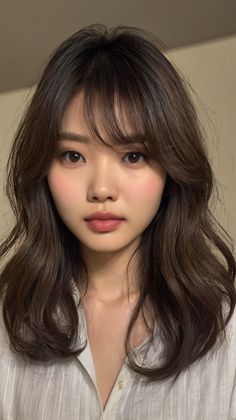 Trendy hairstyles for Messy Waves with Korean side bangs Korean Bangs Side Part, Swept Side Bangs, Korean Hairstyle Medium With Bangs, Medium Haircut Side Bangs, Side Bangs On Round Face, Side Bang Medium Length Hair, Mid Length Hair With Fringe Bangs, Korean Hair With Bangs, Medium Length Haircut Korean Style